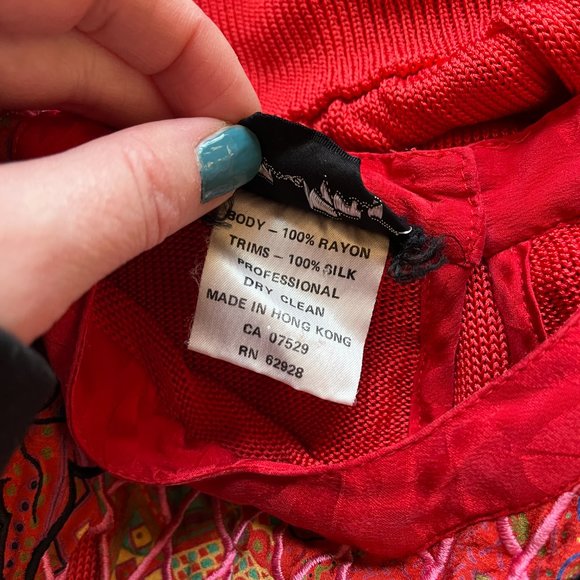 Vintage Diane Freis Long Sleeve Mixed Media Blouse Statement Collar Silk Red - Picture 5 of 12